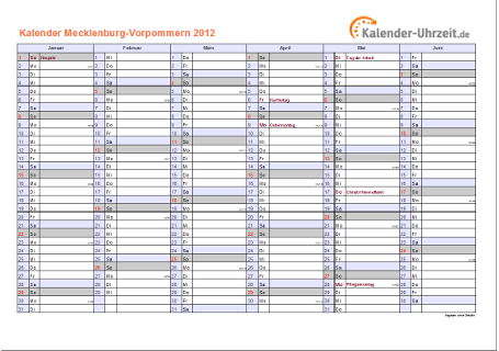 Meck.-Pomm. Kalender 2012 mit Feiertagen - quer-zweiseitig