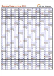 Niedersachsen Kalender 2012 mit Feiertagen - hoch-einseitig