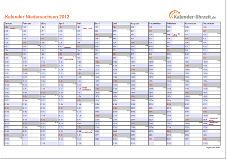 Niedersachsen Kalender 2012 mit Feiertagen - quer-einseitig