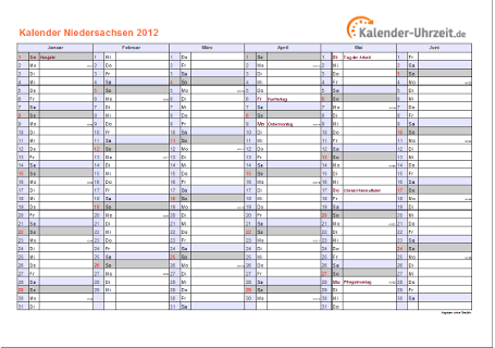Niedersachsen Kalender 2012 mit Feiertagen - quer-zweiseitig