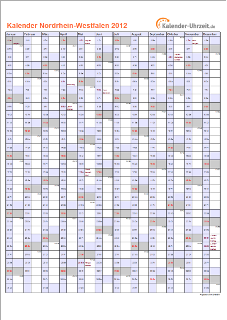 Nordrhein-Westfalen Kalender 2012 - A4 hoch-einseitig Nordrhein-Westfalen Kalender 2012 mit Feiertagen - hoch-einseitig