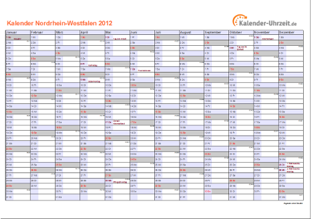 Nordrhein-Westfalen Kalender 2012 - A4 quer-einseitig Nordrhein-Westfalen Kalender 2012 mit Feiertagen - quer-einseitig