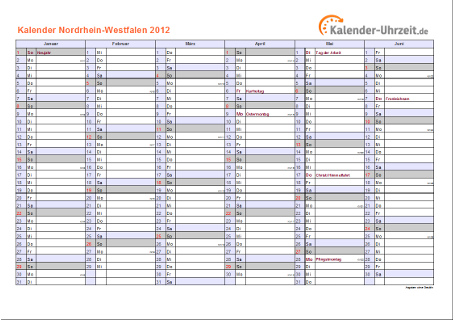 Nordrhein-Westfalen Kalender 2012 mit Feiertagen - quer-zweiseitig