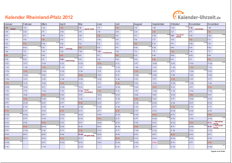 Rheinland-Pfalz Kalender 2012 mit Feiertagen - quer-einseitig