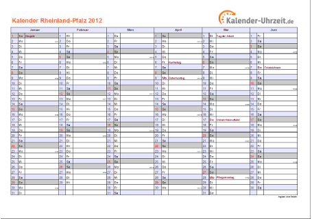 Rheinland-Pfalz Kalender 2012 mit Feiertagen - quer-zweiseitig