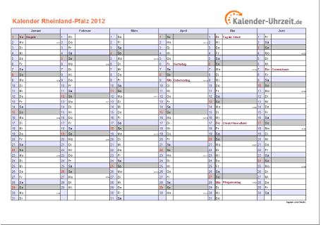 Rheinland-Pfalz Kalender 2012 - A4 quer-zweiseitig Rheinland-Pfalz Kalender 2012 mit Feiertagen - quer-zweiseitig