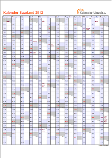 Saarland Kalender 2012 mit Feiertagen - hoch-einseitig