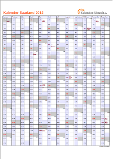 Saarland Kalender 2012 - A4 hoch-einseitig Saarland Kalender 2012 mit Feiertagen - hoch-einseitig