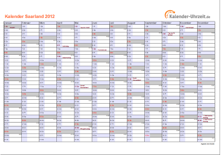 Saarland Kalender 2012 mit Feiertagen - quer-einseitig