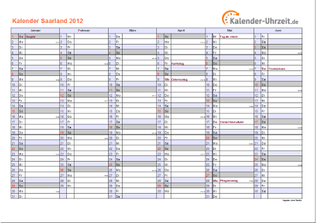 Saarland Kalender 2012 mit Feiertagen - quer-zweiseitig