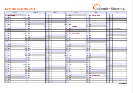 Saarland Kalender 2012 - A4 quer-zweiseitig Saarland Kalender 2012 mit Feiertagen - quer-zweiseitig