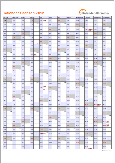 Sachsen Kalender 2012 mit Feiertagen - hoch-einseitig