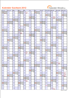 Sachsen Kalender 2012 - A4 hoch-einseitig Sachsen Kalender 2012 mit Feiertagen - hoch-einseitig
