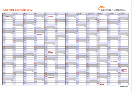 Sachsen Kalender 2012 mit Feiertagen - quer-einseitig