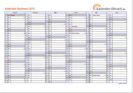 Sachsen Kalender 2012 - A4 quer-zweiseitig Sachsen Kalender 2012 mit Feiertagen - quer-zweiseitig