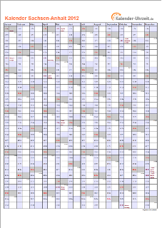 Sachsen-Anhalt Kalender 2012 mit Feiertagen - hoch-einseitig