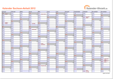 Sachsen-Anhalt Kalender 2012 mit Feiertagen - quer-einseitig