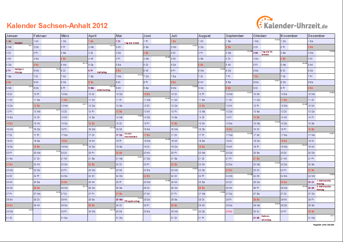 Feiertage 2012 Sachsen-Anhalt + Kalender