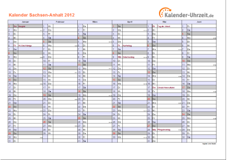 Sachsen-Anhalt Kalender 2012 mit Feiertagen - quer-zweiseitig