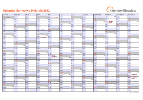 Schleswig-Holstein Kalender 2012 mit Feiertagen - quer-einseitig