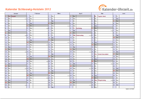 Schleswig-Holstein Kalender 2012 mit Feiertagen - quer-zweiseitig