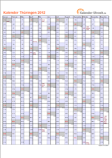 Thüringen Kalender 2012 mit Feiertagen - hoch-einseitig