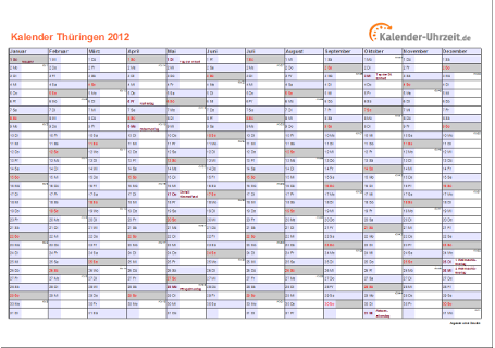 Thüringen Kalender 2012 mit Feiertagen - quer-einseitig