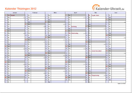 Thüringen Kalender 2012 mit Feiertagen - quer-zweiseitig