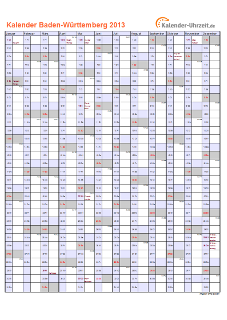Baden-Württemberg Kalender 2013 mit Feiertagen - hoch-einseitig