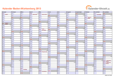 Baden-Württemberg Kalender 2013 mit Feiertagen - quer-einseitig