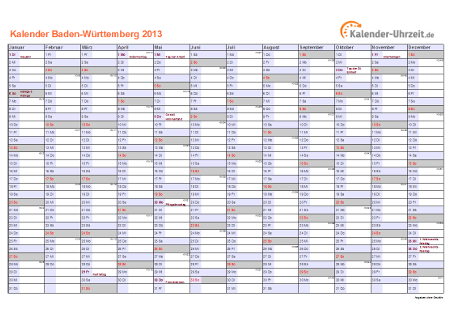 Baden-Württemberg Kalender 2013 - A4 quer-einseitig Baden-Württemberg Kalender 2013 mit Feiertagen - quer-einseitig