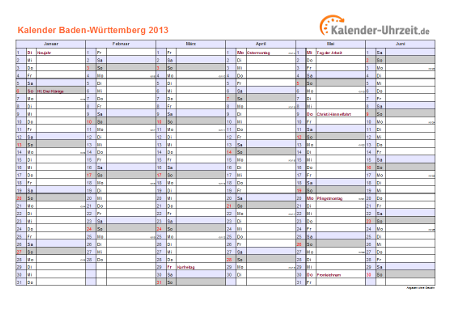 Baden-Württemberg Kalender 2013 mit Feiertagen - quer-zweiseitig