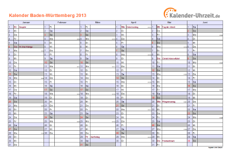 Baden-Württemberg Kalender 2013 - A4 quer-zweiseitig Baden-Württemberg Kalender 2013 mit Feiertagen - quer-zweiseitig