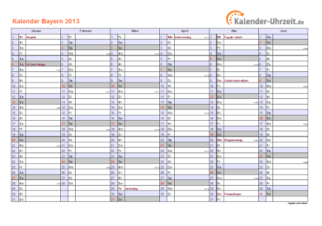 Bayern Kalender 2013 mit Feiertagen - quer-zweiseitig