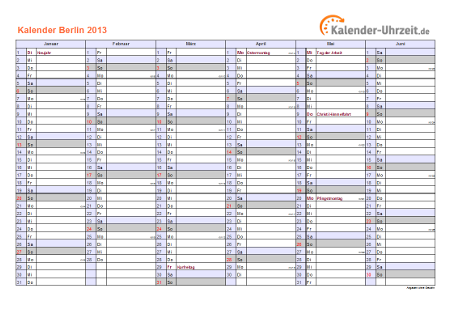 Berlin Kalender 2013 mit Feiertagen - quer-zweiseitig