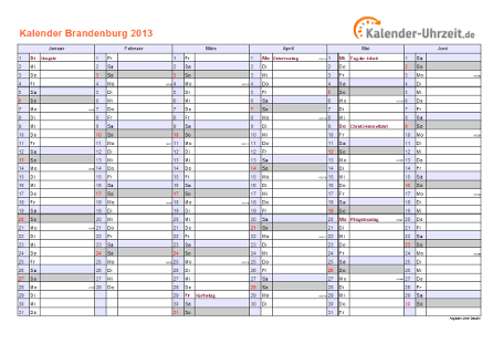 Brandenburg Kalender 2013 mit Feiertagen - quer-zweiseitig