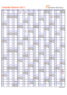 Bremen Kalender 2013 mit Feiertagen - hoch-einseitig