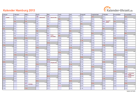 Hamburg Kalender 2013 mit Feiertagen - quer-einseitig