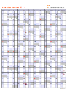 Hessen Kalender 2013 mit Feiertagen - hoch-einseitig