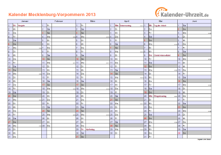 Meck.-Pomm. Kalender 2013 mit Feiertagen - quer-zweiseitig