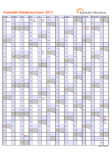 Niedersachsen Kalender 2013 mit Feiertagen - hoch-einseitig