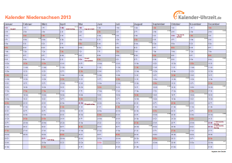 Niedersachsen Kalender 2013 mit Feiertagen - quer-einseitig