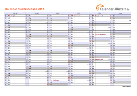 Niedersachsen Kalender 2013 mit Feiertagen - quer-zweiseitig