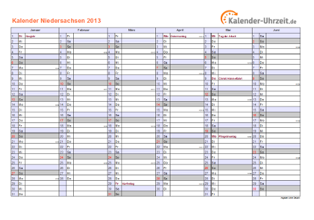 Niedersachsen Kalender 2013 - A4 quer-zweiseitig Niedersachsen Kalender 2013 mit Feiertagen - quer-zweiseitig