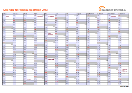 Nordrhein-Westfalen Kalender 2013 mit Feiertagen - quer-einseitig
