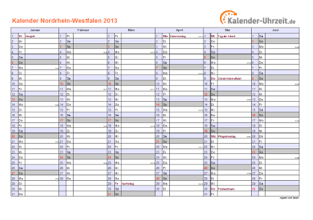 Nordrhein-Westfalen Kalender 2013 mit Feiertagen - quer-zweiseitig