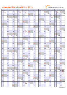 Rheinland-Pfalz Kalender 2013 mit Feiertagen - hoch-einseitig