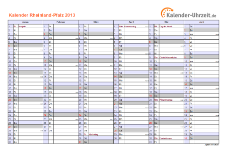 Rheinland-Pfalz Kalender 2013 mit Feiertagen - quer-zweiseitig