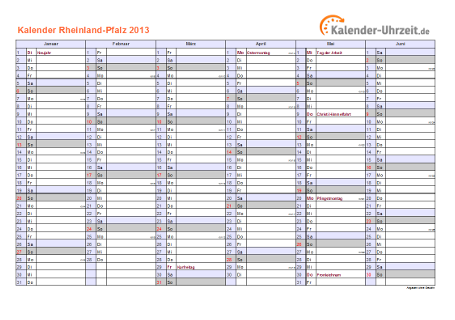Rheinland-Pfalz Kalender 2013 - A4 quer-zweiseitig Rheinland-Pfalz Kalender 2013 mit Feiertagen - quer-zweiseitig