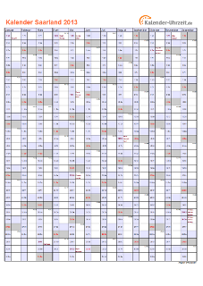 Saarland Kalender 2013 mit Feiertagen - hoch-einseitig